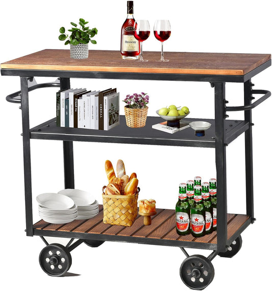 Diwhy Industrial 3 Tier Rolling Utility Storage Cart Wine Beverage, Metal Wine Rack with Wheels Kitchen Bar Dining Room Tea Wine, Storage Cart with Wood