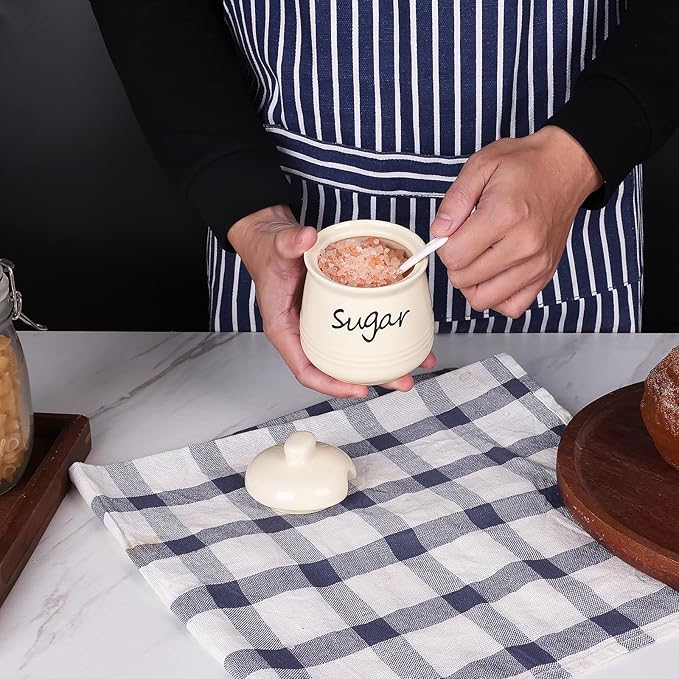 HAOTOP 12oz Sugar Bowl with Lid and Spoon,Ceramic Sugar Jar Sugar Dispenser Sugar Container Coffee Bar Accessories, Kitchen Countertop Canisters, Beige