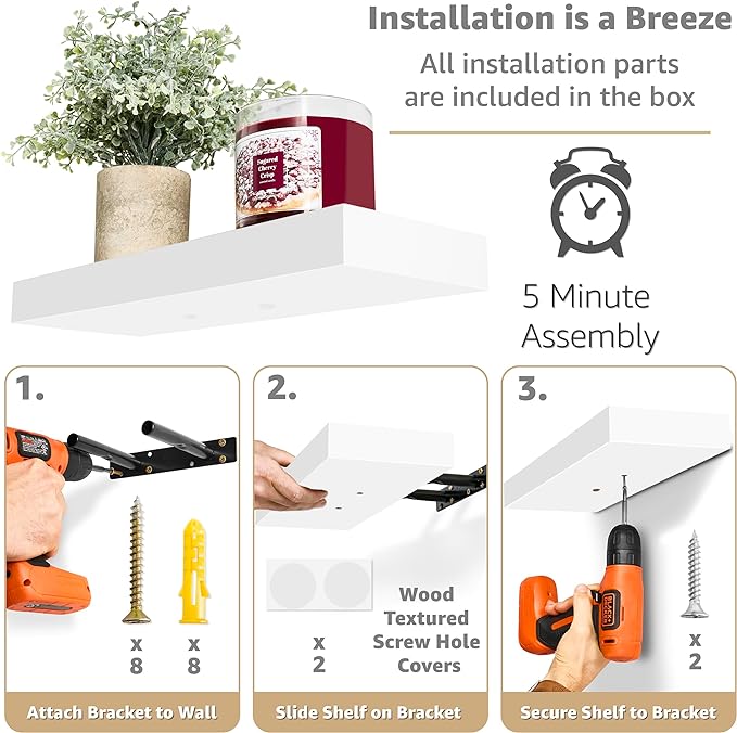 Sorbus Floating Shelves for Wall, Bathroom Shelves Wall Mounted for Kitchen, Bedroom, Bathroom Storage Over Toilet, Hanging Book Shelf for Wall Home Decor Living Room (White, 2 Pack)