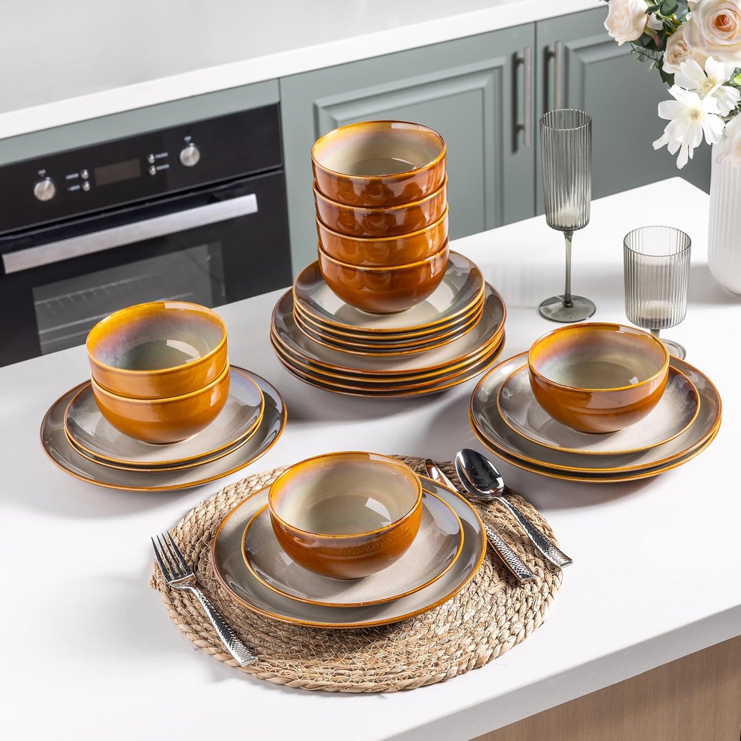 LERATIO Ceramic Dinnerware Sets for 8,Stoneware Plates and Bowls Sets,Handmade Reactive Glaze Dishes Set,Chip Resistant and Scratch Resistant | Oven&Dishwasher & Microwave Safe-Kahki (24PCS)