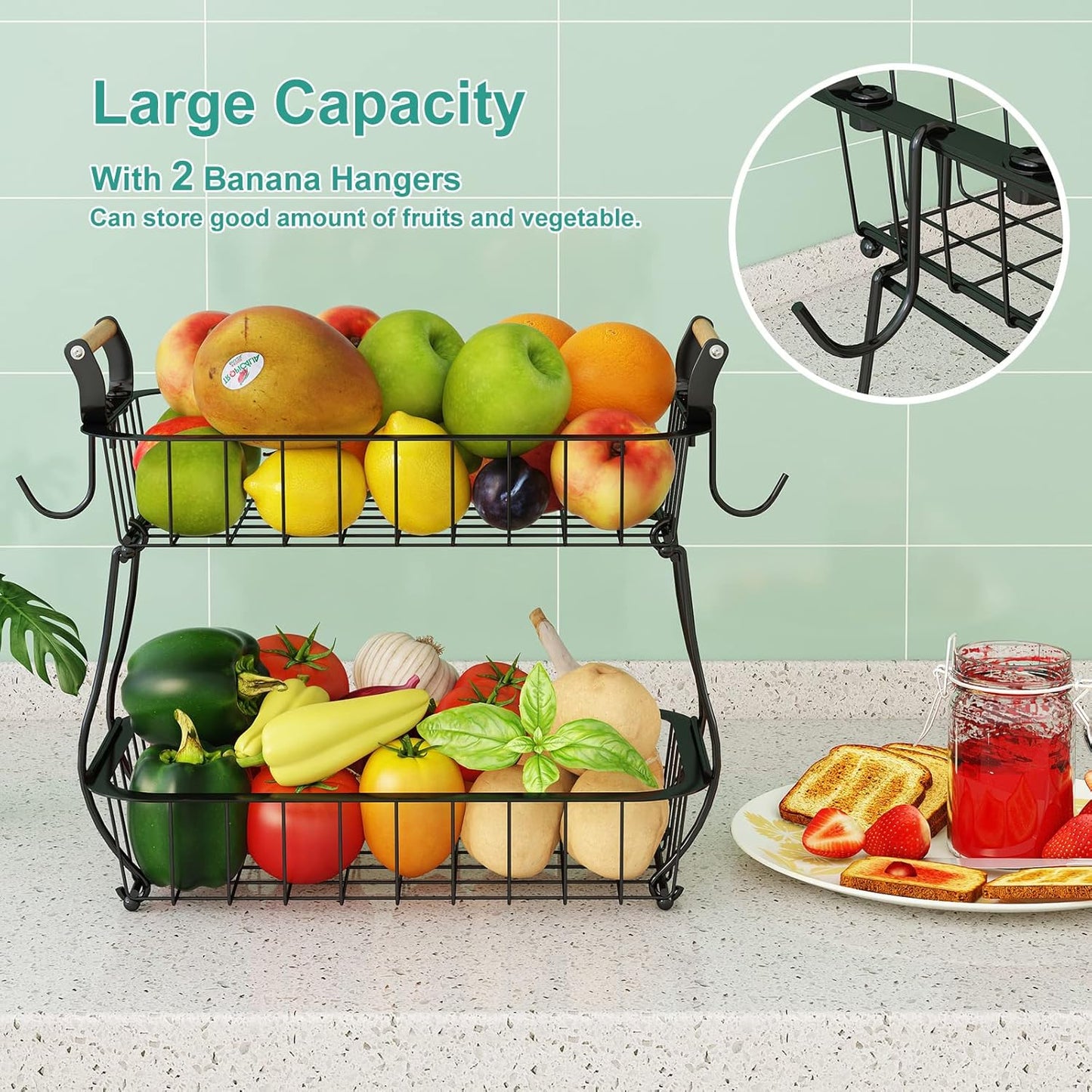 ANTOPY 2 Tier Fruit Basket with 2 Banana Hangers, Countertop Fruit Vegetable Basket Bowl for Kitchen Counter Metal Wire Fruits Storage Stand Holder Organizer for Bread Snack Veggies Produce