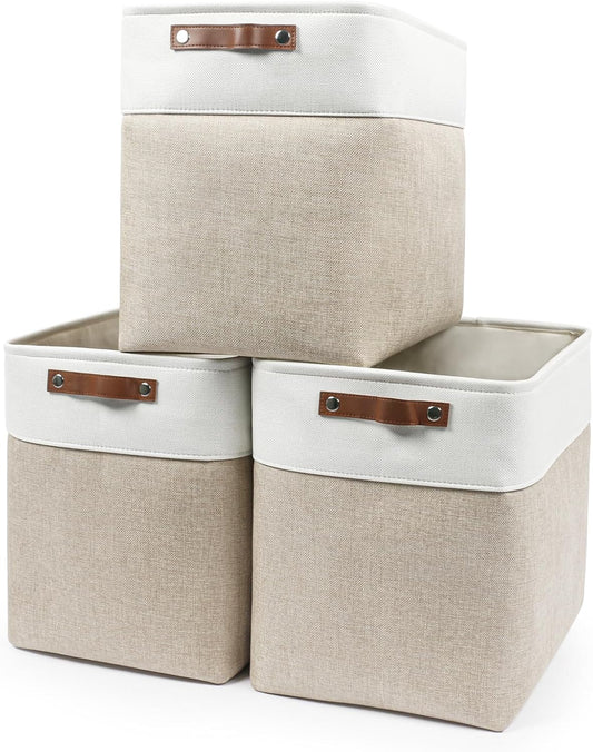 Large Fabric Storage Baskets | 50L Storage Bins, Decorative Linen Closet Baskets with Handles for Organizing, Shelf, Toys, Clothes, Home, Office, Nursery, 17x12x15Inches (Beige&White)
