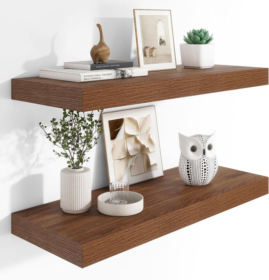 Heimlove 12" Deep Floating Shelves, 36 x 12 Inch Wall Mounted Long Floating Shelf with Invisible Brackets, for Home Decor, Bedroom, Kitchen, Living Room, Bathroom - 2 Pack, Walnut