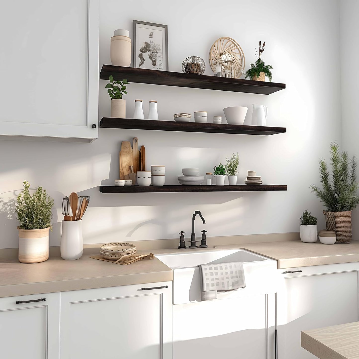 Wood Floating Shelves for Wall Decor, Rustic Wall Shelves for Bedroom Bathroom Kitchen Living Room, Set of 4 Walnut 36 Inch