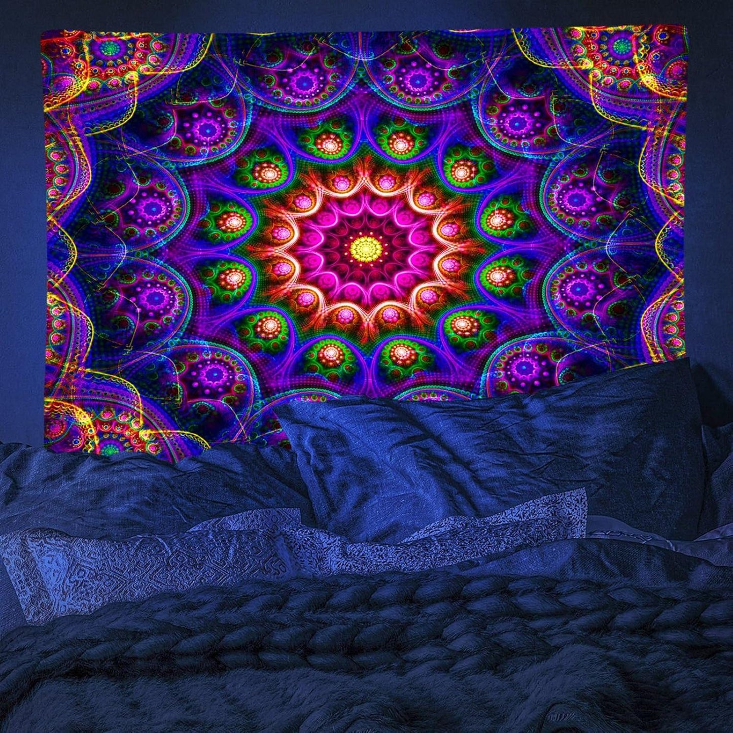 Blacklight Trippy Mandala Tapestry, Boho Black Light Posters for Adults UV Reactive Room Decor for Bedroom Wall (90 x 70 Inches)