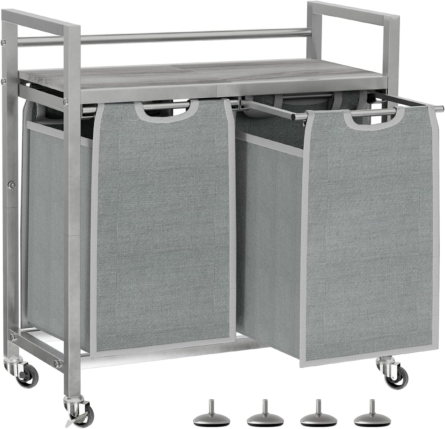 Laundry Hamper, Laundry Basket, Laundry Sorter with 3 Removable Bags, Clothes Basket with 3 Compartments, Wheels, Shelf for Laundry Room Bathroom Bedroom (2 Bags-Gray)