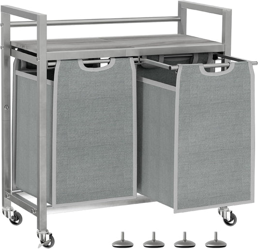 Laundry Hamper, Laundry Basket, Laundry Sorter with 3 Removable Bags, Clothes Basket with 3 Compartments, Wheels, Shelf for Laundry Room Bathroom Bedroom (2 Bags-Gray)
