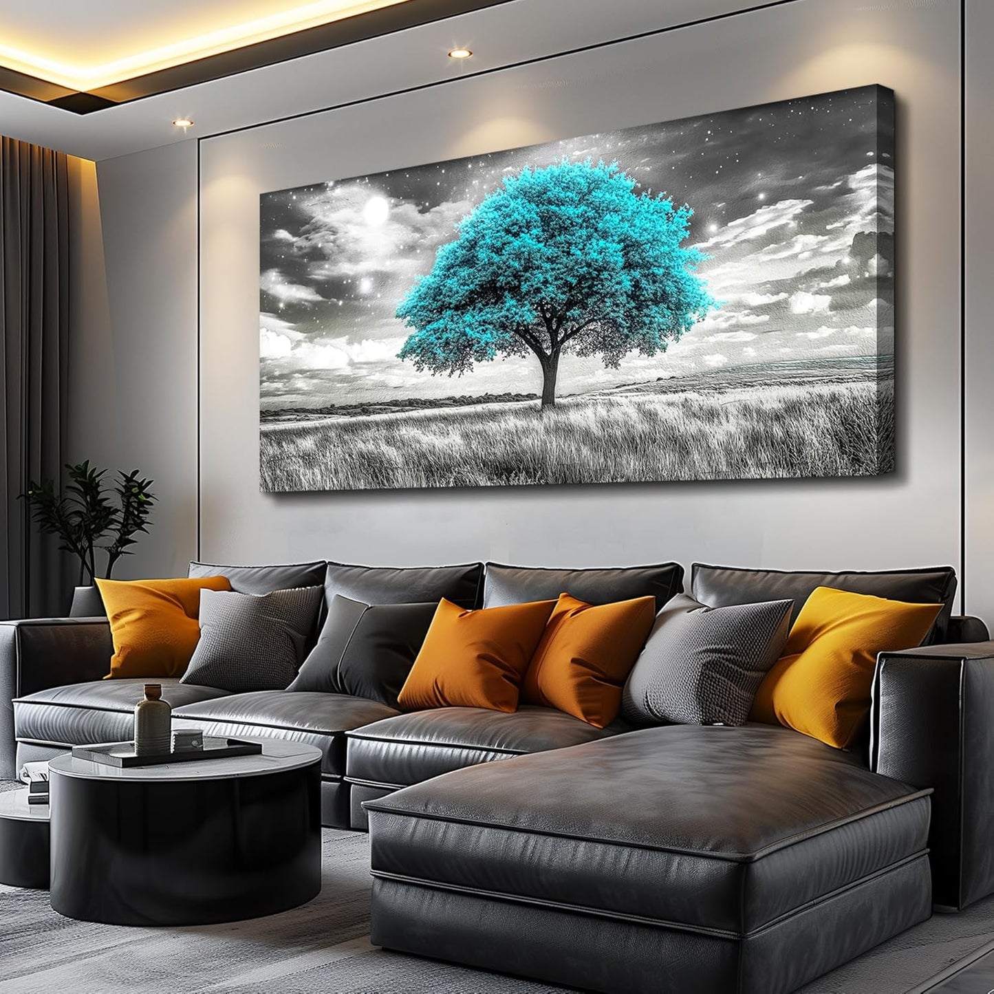 KELIYUAN Large Canvas Wall Art For Living Room Wall Decor For Bedroom Corridor Blue Tree Natural Scenery Full Of Stars Black And White Modern Printing Dining Room Kitchen Home Decoration 30 "X 60"
