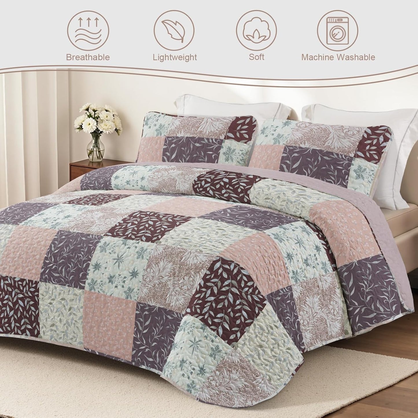 Exclusivo Mezcla Reversible Boho Quilt Set Queen Size, 3 Pieces Patchwork Brown All Season Bedspreads, Ultra Soft Floral Coverlet Bedding Set with Printed Pattern (1 Quilt, 2 Pillow Shams)