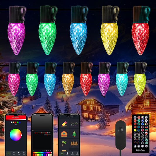 Brightown Smart C9 Christmas Lights Outdoor, 150 LED Christmas Color Changing Fairy Lights App Control, Music Sync, RGB, Shatterproof Connectable C9 String Lights for Tree House Indoor Xmas Decor