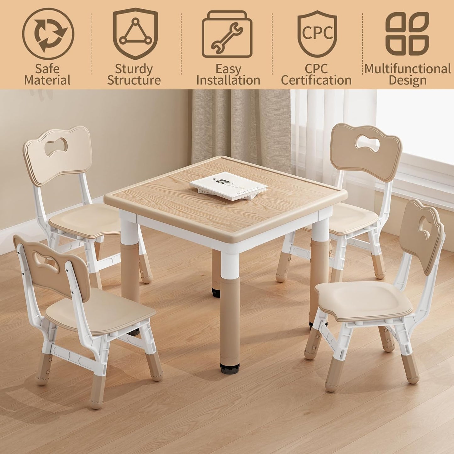 Kid Table and Chairs, Height Adjustable Childrens Table and Chair Set, Kids Tables for Age 2-8, Graffiti Desktop, Table for Kids with 4 Seats, Small Kids Table, Max 300lbs