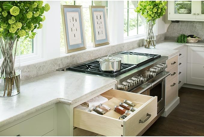 Rev-A-Shelf 22" 3 Tiered Seasoning Organizer, Trim-to-Fit Wooden Kitchen Draw and Cabinet Home Storage Insert, Pull Out Spice Rack, Maple, 4SDI-24