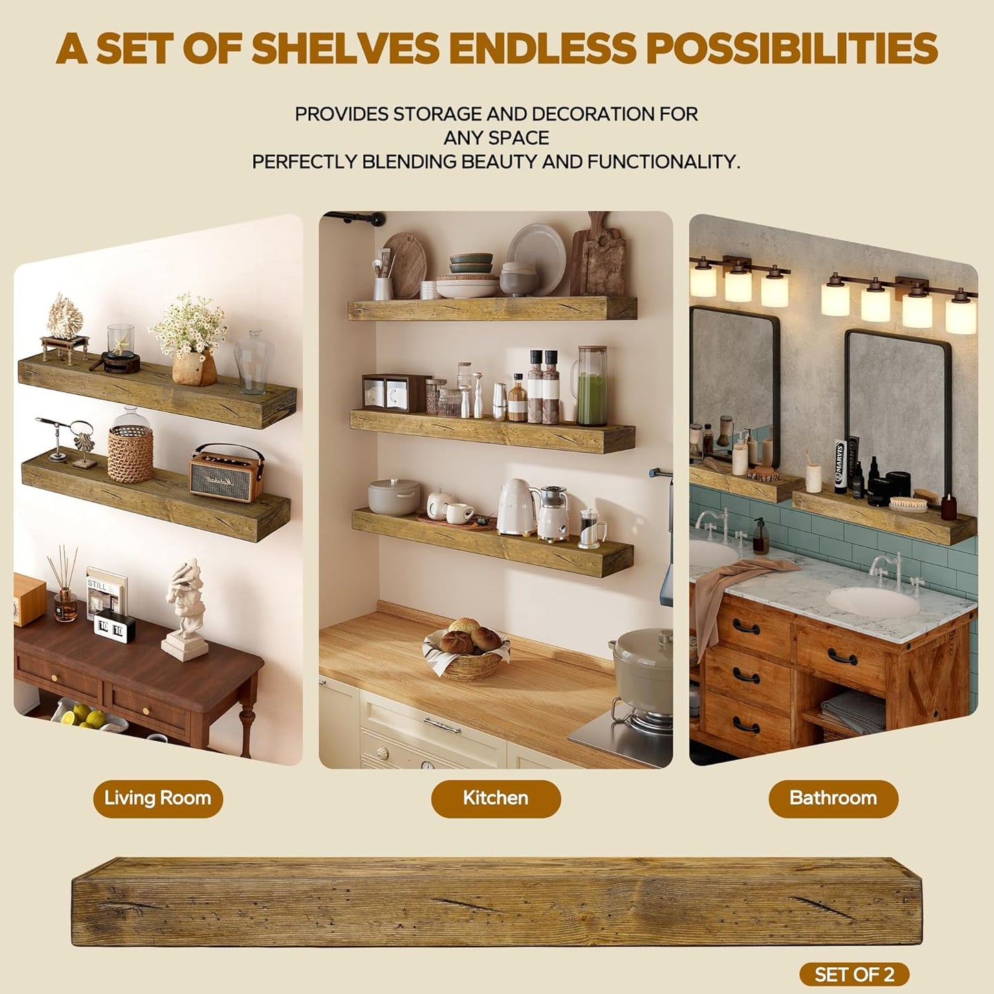 Floating Shelves 3 inch Thick for Wall Set of 2,Solid Pine Wood Wall Mount Shelf for Kitchen Living Room Bedroom Bathroom,8" D x 36" L x 3" H-Distressed Black Walnut