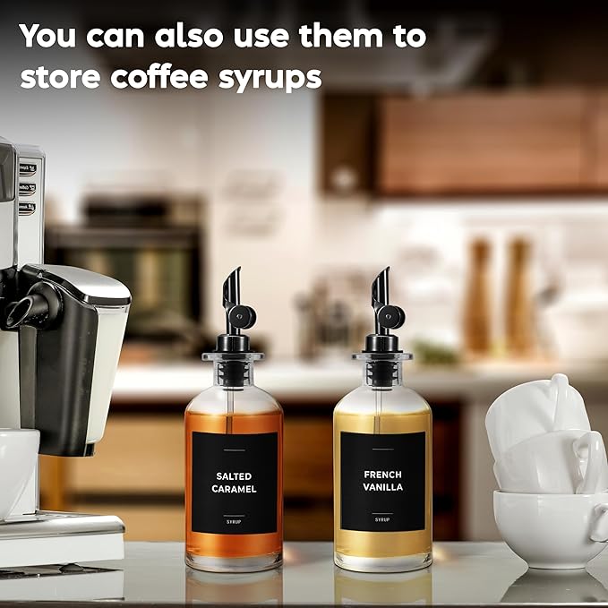 Olive Oil Dispenser Bottle - Includes 55 Kitchen Essential Labels - Cooking Oil Bottles for Kitchen, Coffee Syrup Dispenser - Pourer Spout with 11.8 fl oz Glass Container Cruet - 2pcs, Black