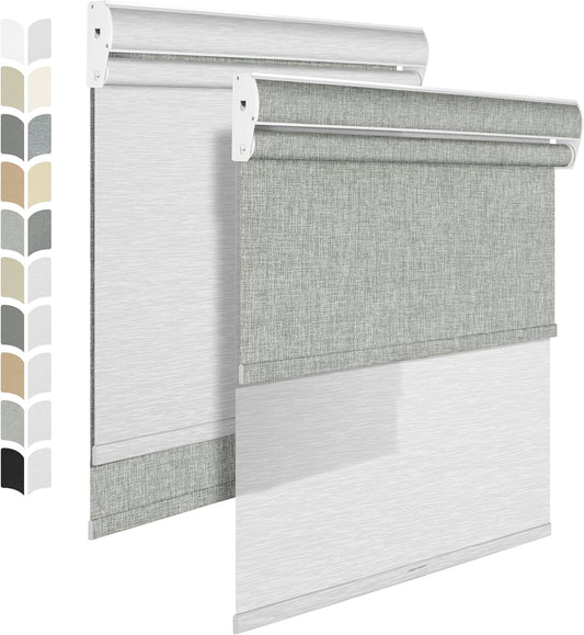 BERISSA Cordless Dual Roller Shades with Cassette Valance, Double Shade Blackout and Light Filtering, Day and Night Roller Shades for Home, Office or Door. Linen Grey and White. 34 W x 36" H