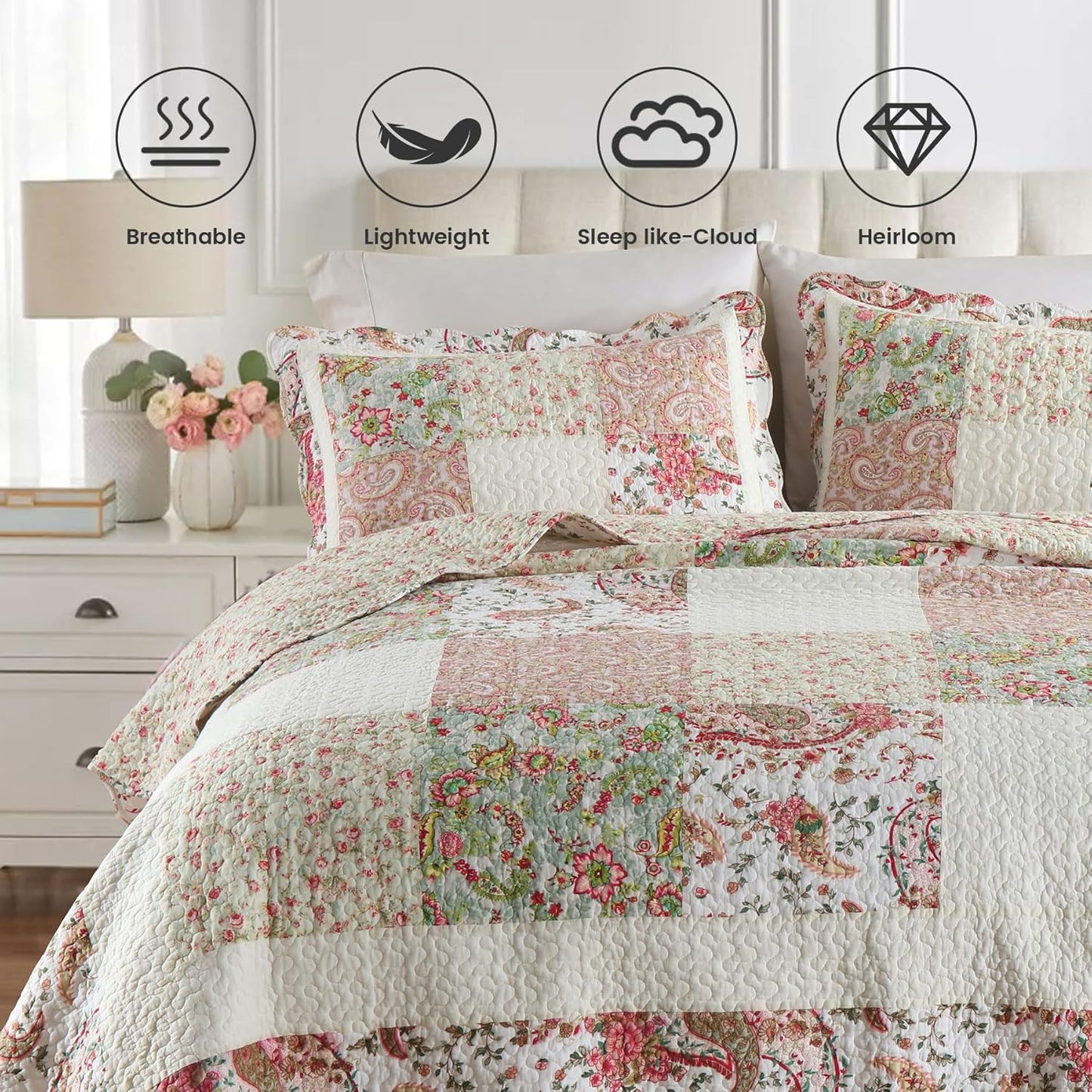 Secgo Queen Comforter Set for Bed - 100% Cotton Quilts Queen Size, Black Bedspreads (90 * 98 Inch) with 2 Pillow Shams, Patchwork Reversible Lightweight Bedding