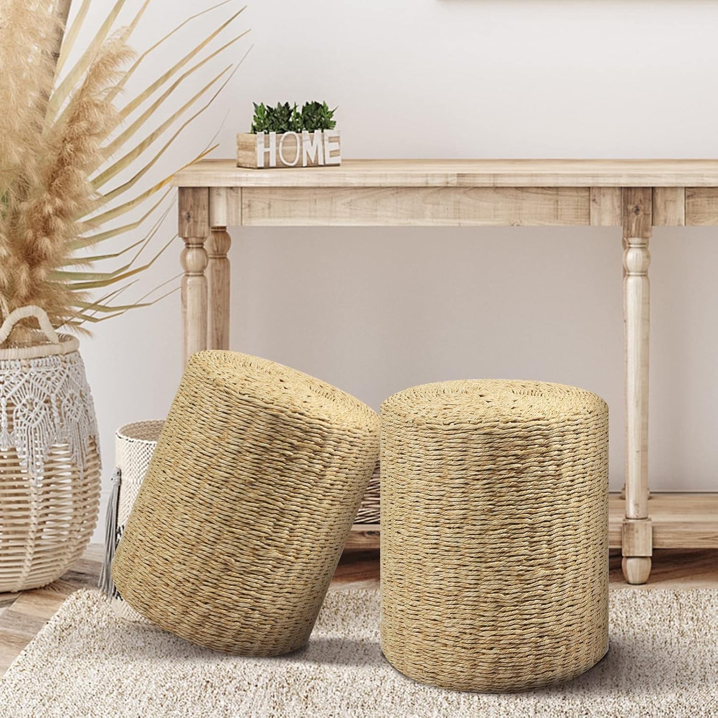 Cplxroc Pouf Ottoman, 100% Handwoven Seagrass Braided Pouffe, Boho Decor Floor Chair for Couch or Desk, Outdoor Ottomans for Garden, Round Footrest with Wood Frame, Home Decorative Seat for Balcony