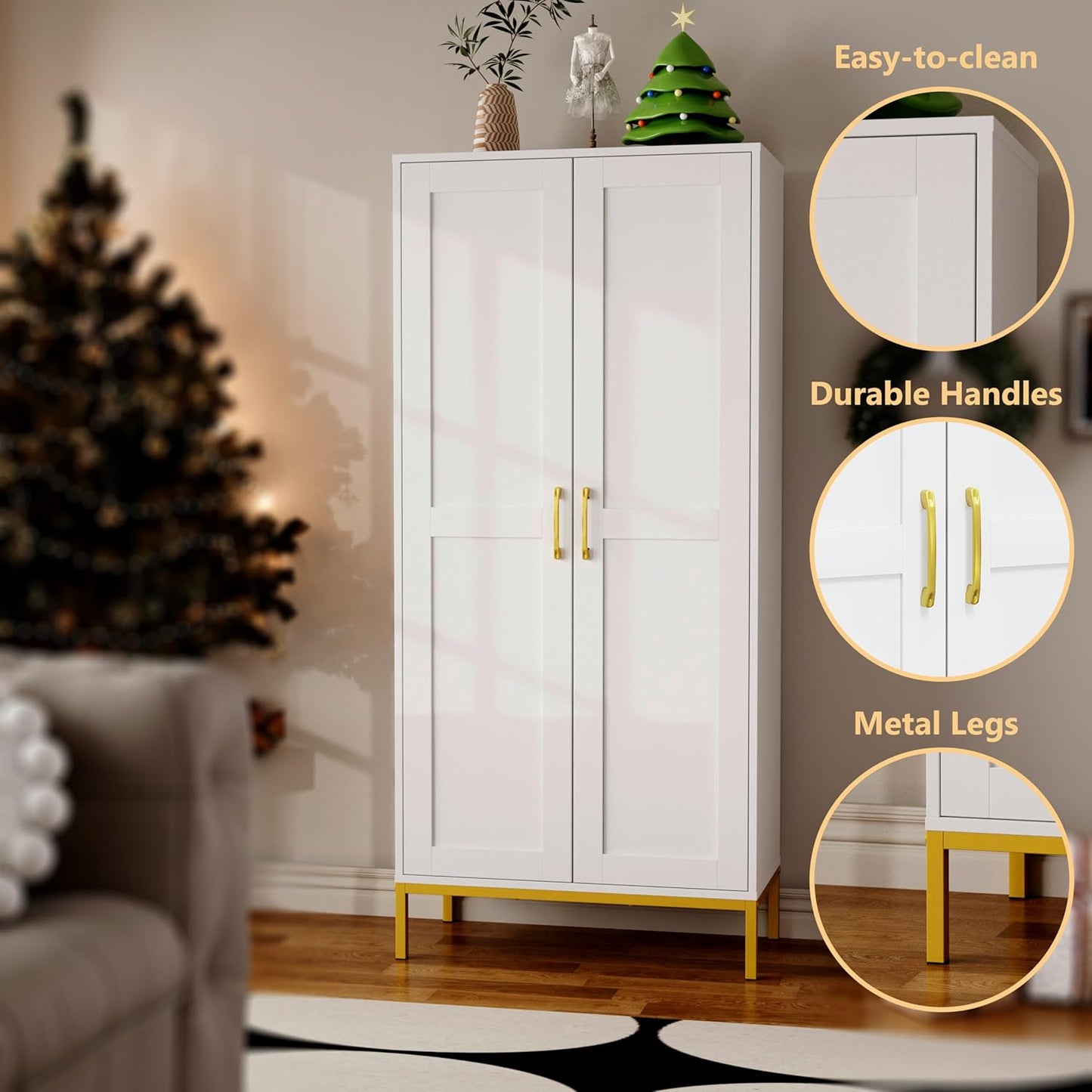 Tall Storage Cabinet, Kitchen Pantry Cabinet with 2 Doors & Adjustable Shelves for Laundry Room, Living Room, Entryway,Bathroom,White