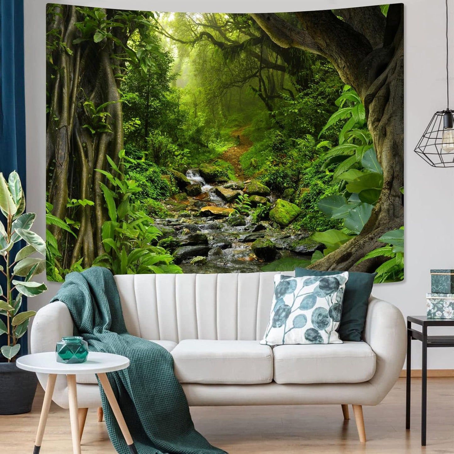AMM Green Rainforest Tapestry Nature Forest Tapestry for Bedroom Aesthetic Misty Tropical Jungle Trees Flowing Stream Landscape Tapestries Wall Hanging for Living Room Dorm 60 x 44 Inch