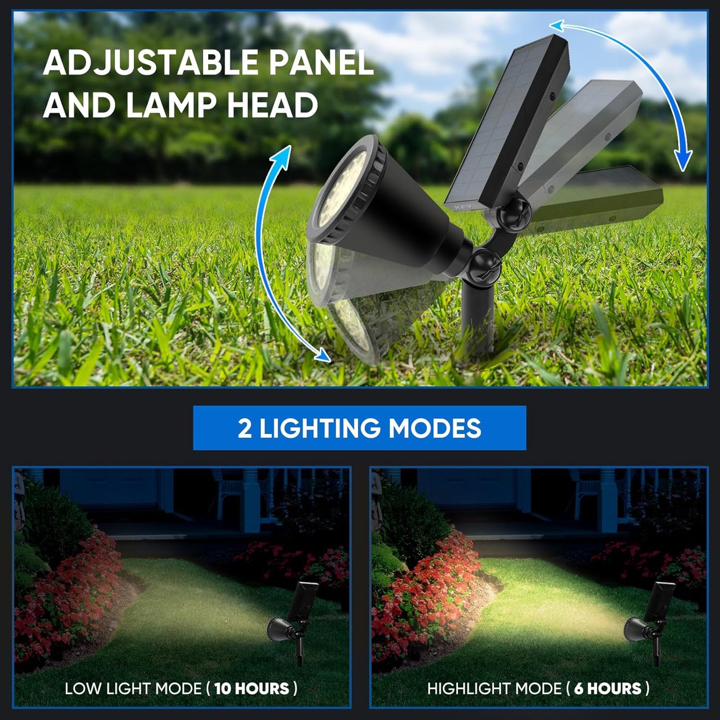 KEV 800 Lumens Solar Spot Lights Outdoor,18 LEDs Solar Flood Lights with 2 Modes &Adjustable &IPX65 Waterproof,Solar Spotlight for Driveway/Backyard/Patio Landscape/Tree/Garage(Warm White,2 Pack)