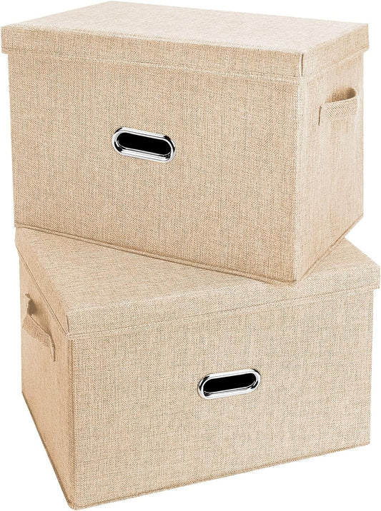 Large Linen Fabric Foldable Storage Bins with Removable Lid and Handles, Washable Storage Box Organizer Containers Baskets Cube with Cover for Bedroom,Closet,Office (Khaki, Small(2-Pack))