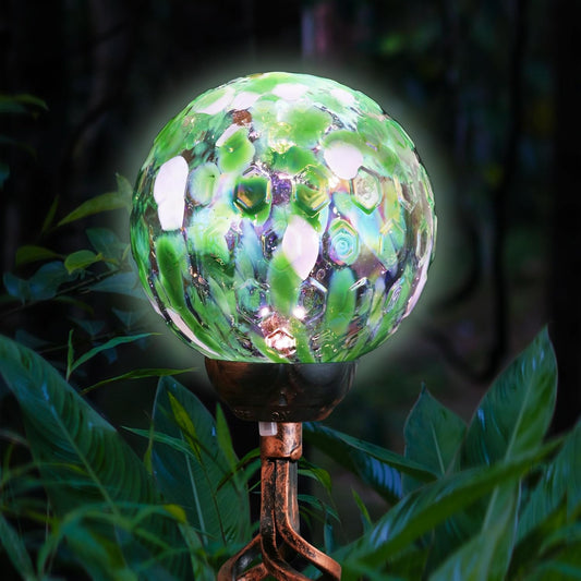 Exhart Garden Solar Lights, Decorative LED Honeycomb Glass Ball Garden Stake, Glass and Metal Outdoor Decoration, Green, 4 x 31 Inch