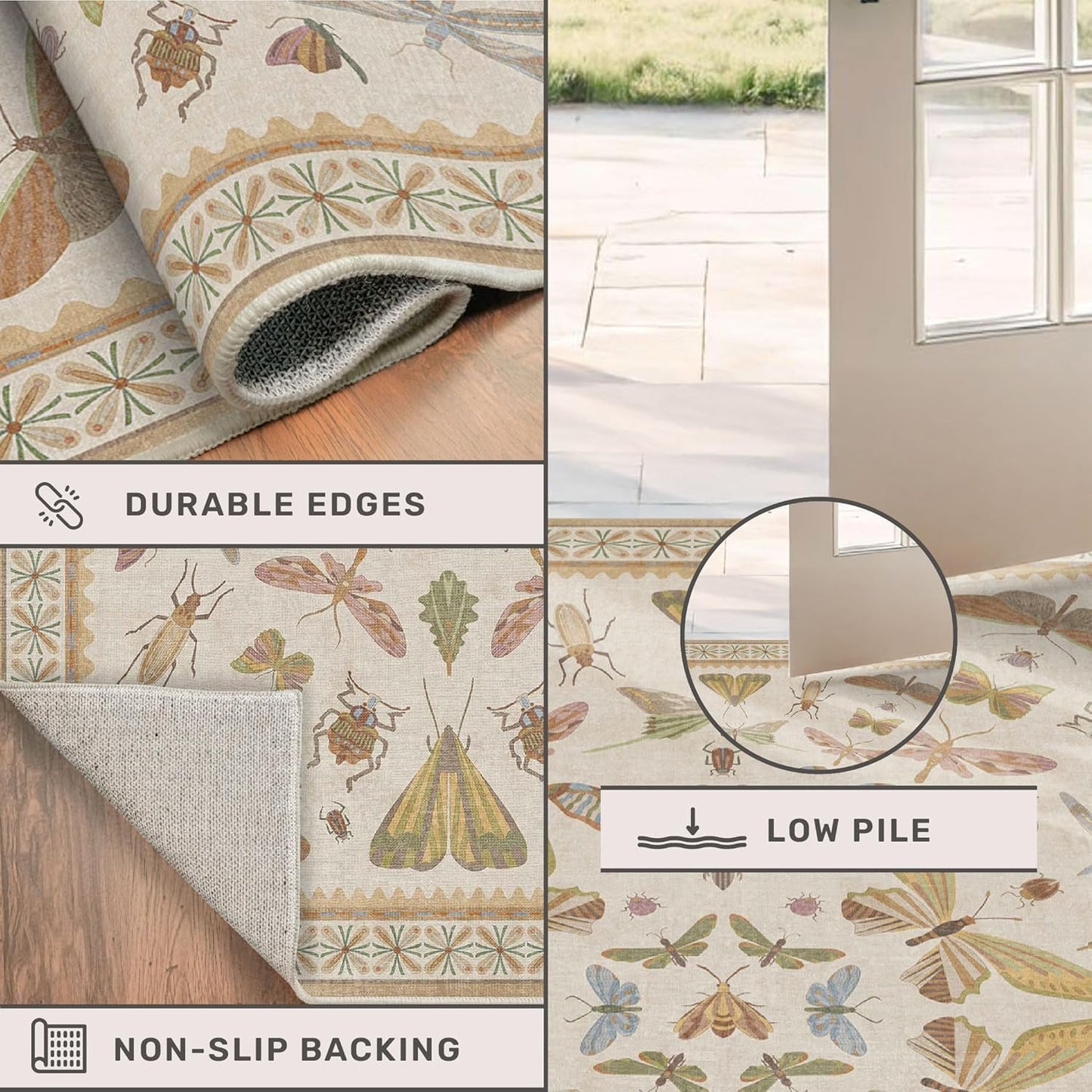 Large Western Rugs for Living Room - 10x14 Insect Area Rug for Dining Room Under Kitchen Table, Washable Low Pile Soft Boho Butterfly Decor