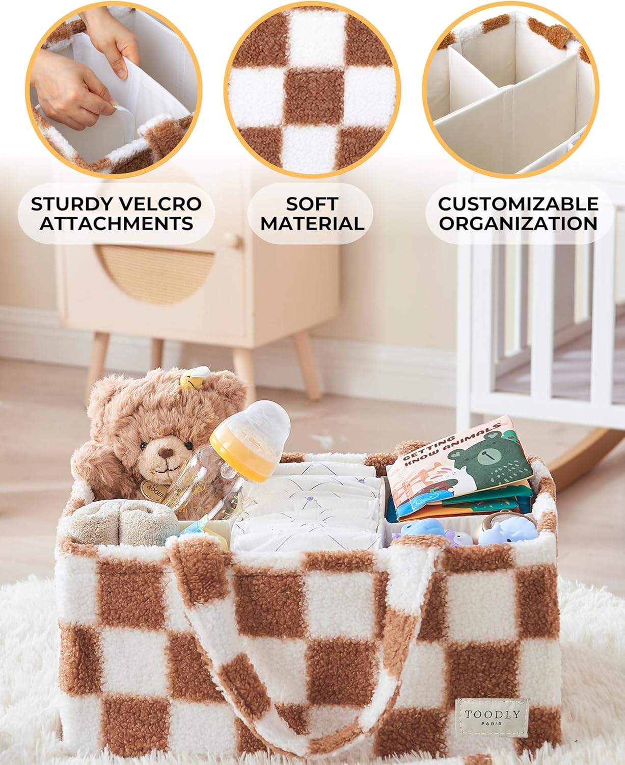 Checkered Diaper Caddy Organizer with Portable Changing Mat - Teddy Fleece Diaper Organizer for Changing Table - Caddy Organizer with Removable Dividers - Light Taupe and White