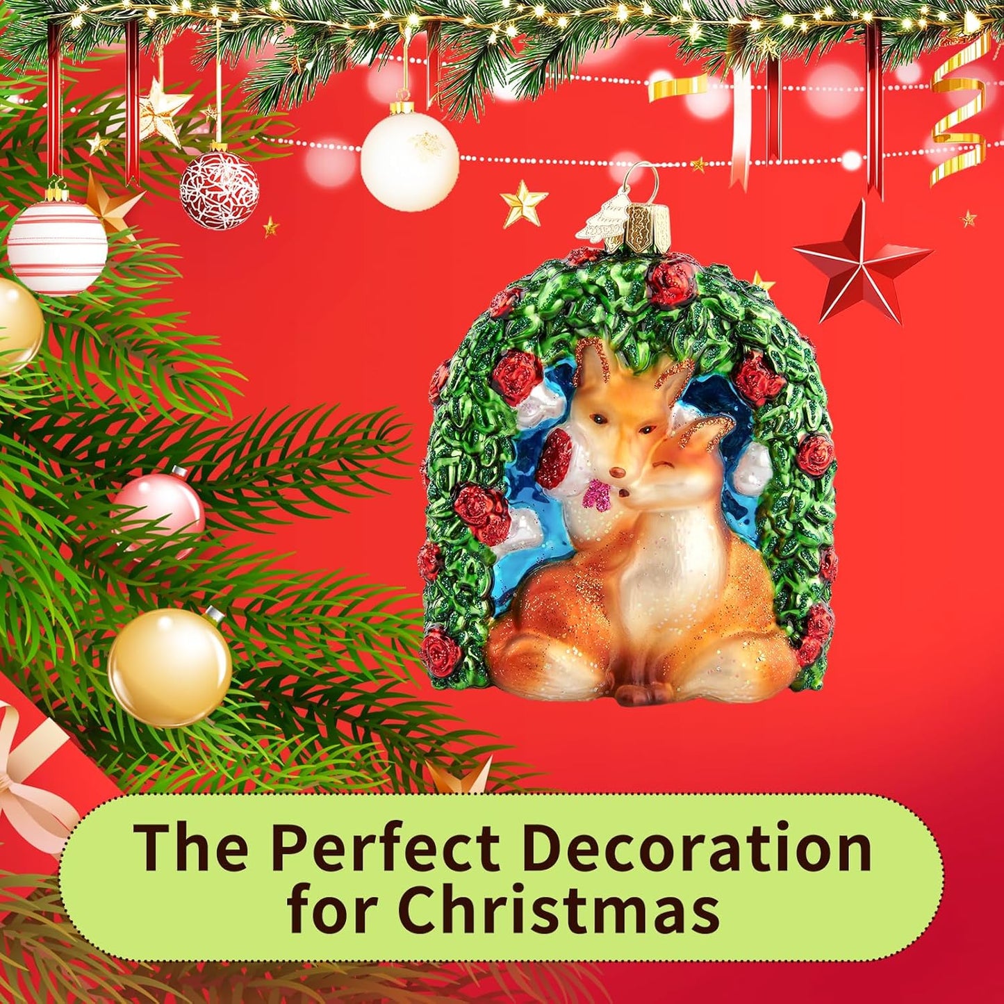 Fox Love Christmas Tree Ornaments,Hand-Blown Glass Ornaments,Fox Soulmate Collection Hanging Ornament,Wedding Ornament for Valentine's Day Anniversary Animal Lovers Party Gifts