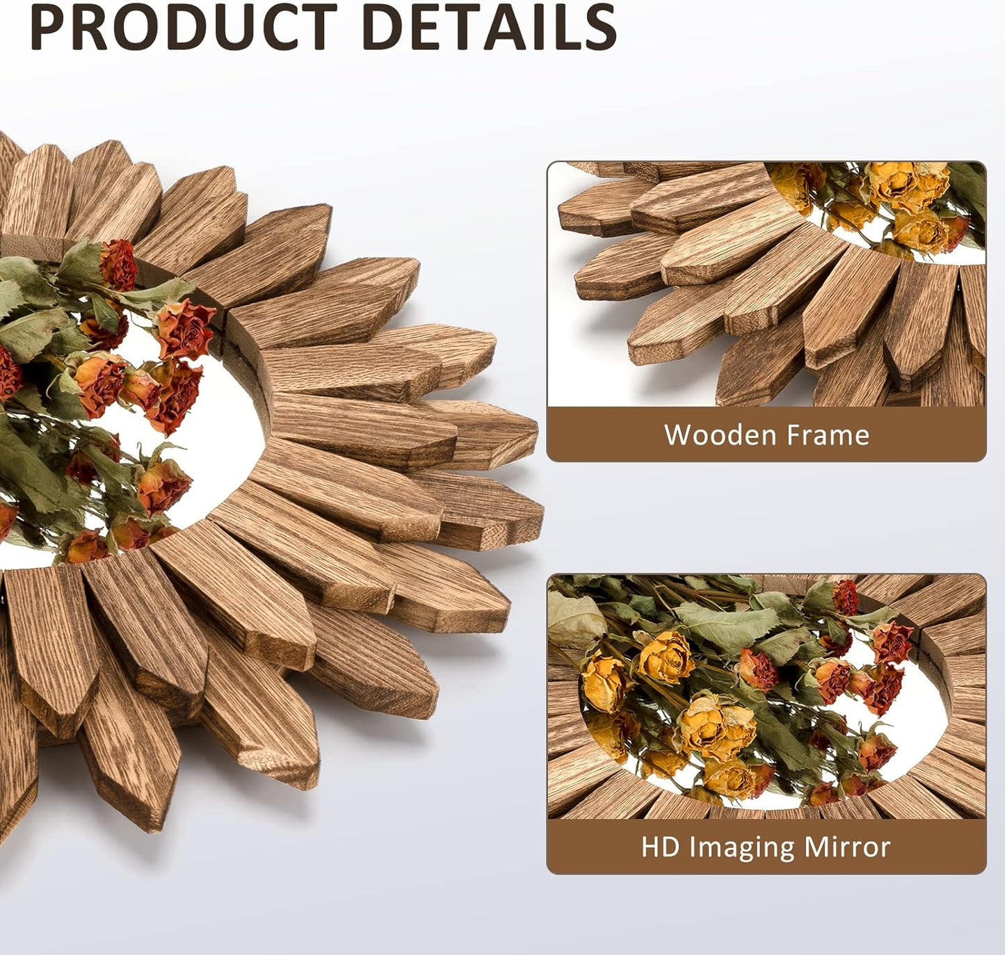 Honiway Boho Wall Decor Mirror 2 Pack Rustic Wood Mirror 12 inch Boho Mirror Home Decor Farmhouse Room Decorations for Bedroom Living Room Carbonized Black