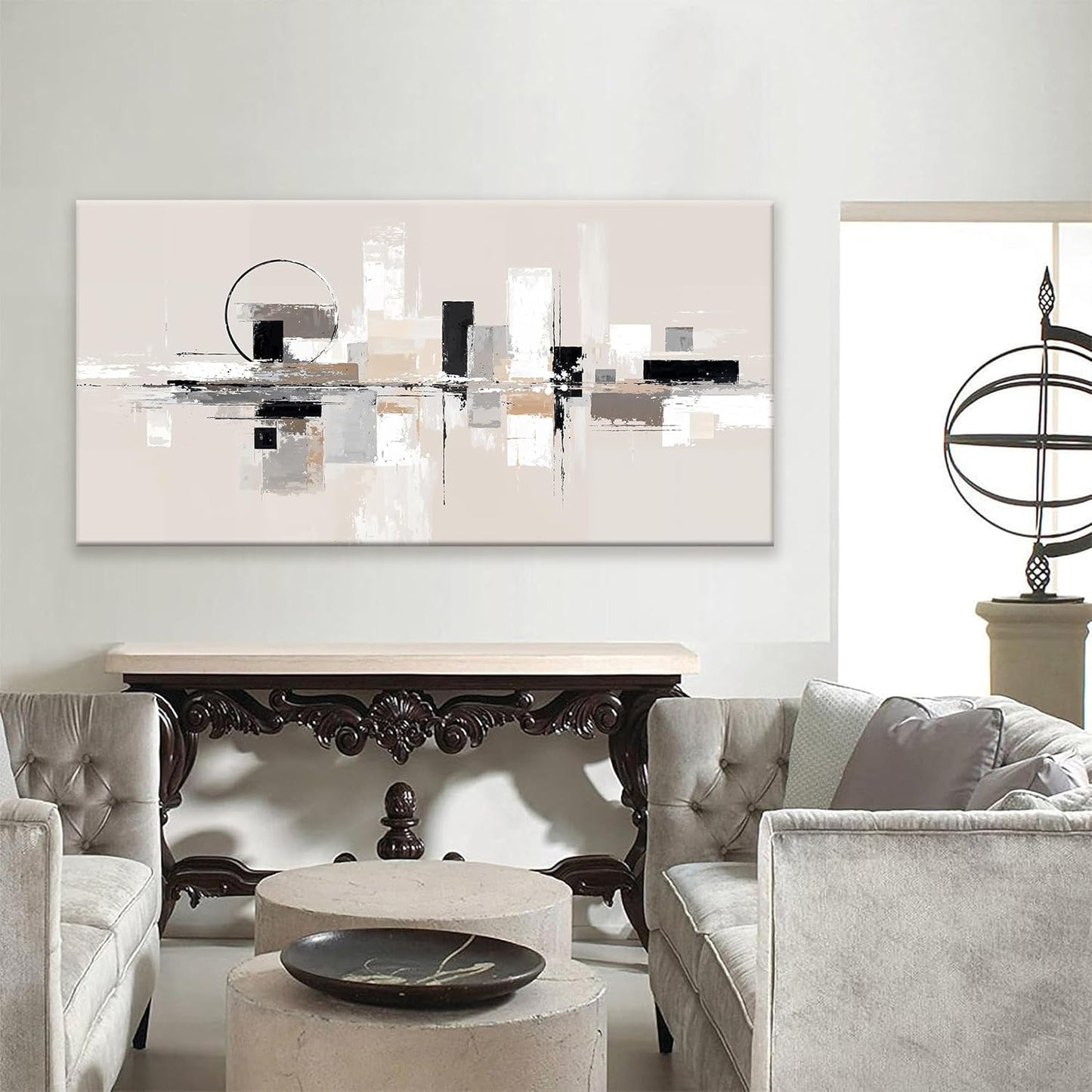 QSQ Abstract Wall Art Black White Wall Art Painting Grey Brown Canvas Art Wall Decor Prints Minimalist Abstract Wall Decor For Living Room Bedroom Kitchen Office Home Decoration 24" × 48"