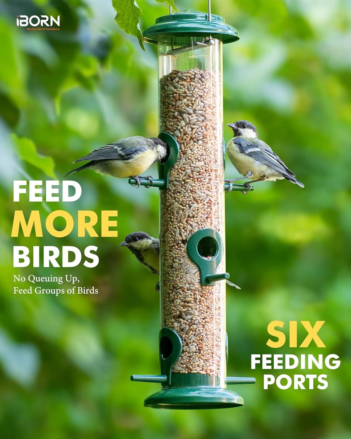 iBorn Metal Bird Feeders 6 Ports Hanging Wild Bird Seed Feeder for Mix Seed Blends, Niger Seed Feeder, Sunflower Heart, Birdbath, Heavy Duty All Metal Green Finishing 14 Inch 6Port