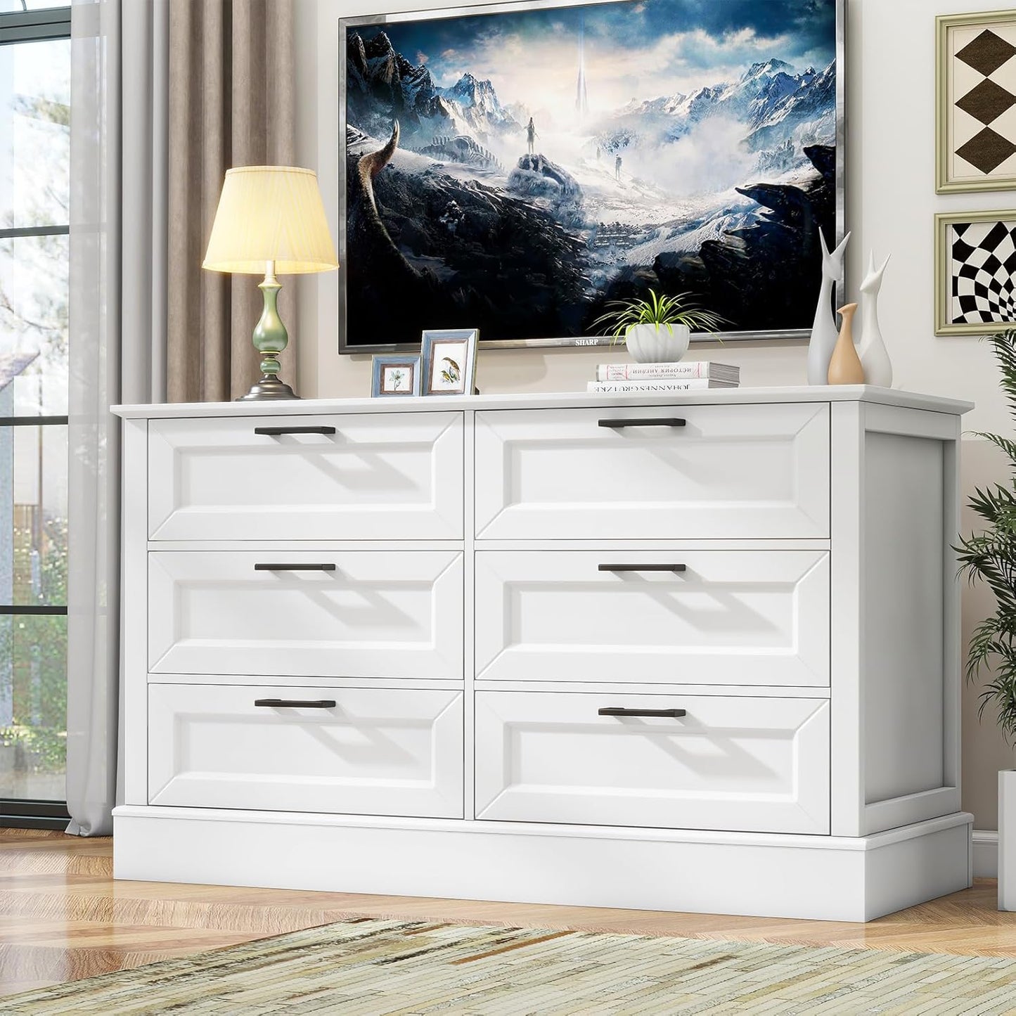 White Dresser for Bedroom with 6 Drawer, Bedroom Furniture Organizer Storage, Wood Double Dresser & Chest of Drawers, Modern Farmhouse Style, Dressers for Closet, Living Room 30” Tall
