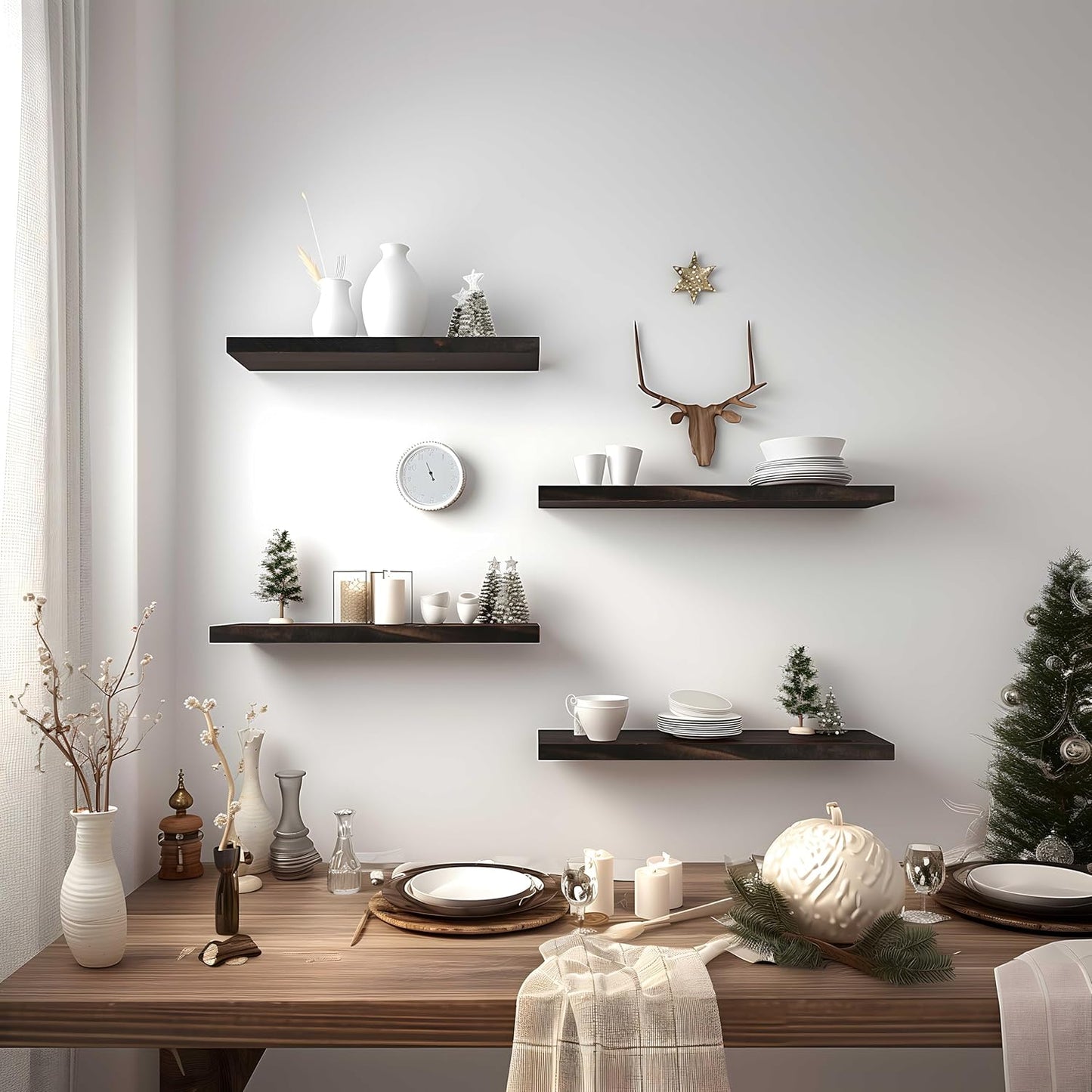 Brown Wood Floating Shelves for Wall Rustic Wall Shelves for Bedroom Set of 6