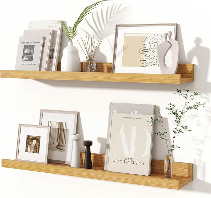 Fun Memories Picture Ledge Shelves Set of 2, 24 Inch Rustic Wall Mounted Floating Shelves with Lip for Home Storage and Décor in Bathroom, Kitchen, Nursery, Bedroom, Living Room, Oak