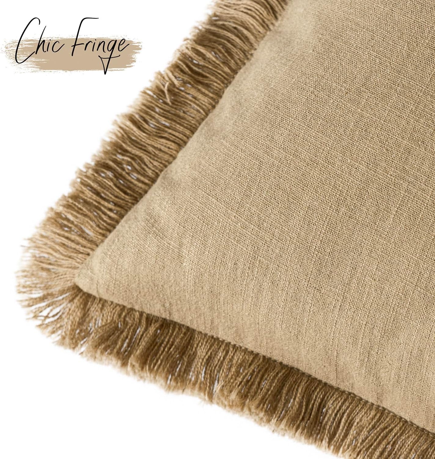 Foindtower Set of 2 Decorative Linen Fringe Throw Pillow Covers Farmhouse Cushion Cover with Tassels Soft Accent Pillowcase for Couch Chair Sofa Bed Living Room Home Decor,18×18 Inch,Light Khaki Taupe