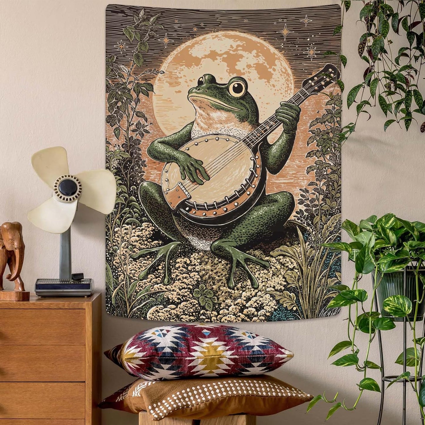 Lunerfex Moonlit Banjo Frog Wall Tapestry, Whimsical Amphibian Musician Tapestries for Room Decor, Folk Art Tapestry 36L x 48W