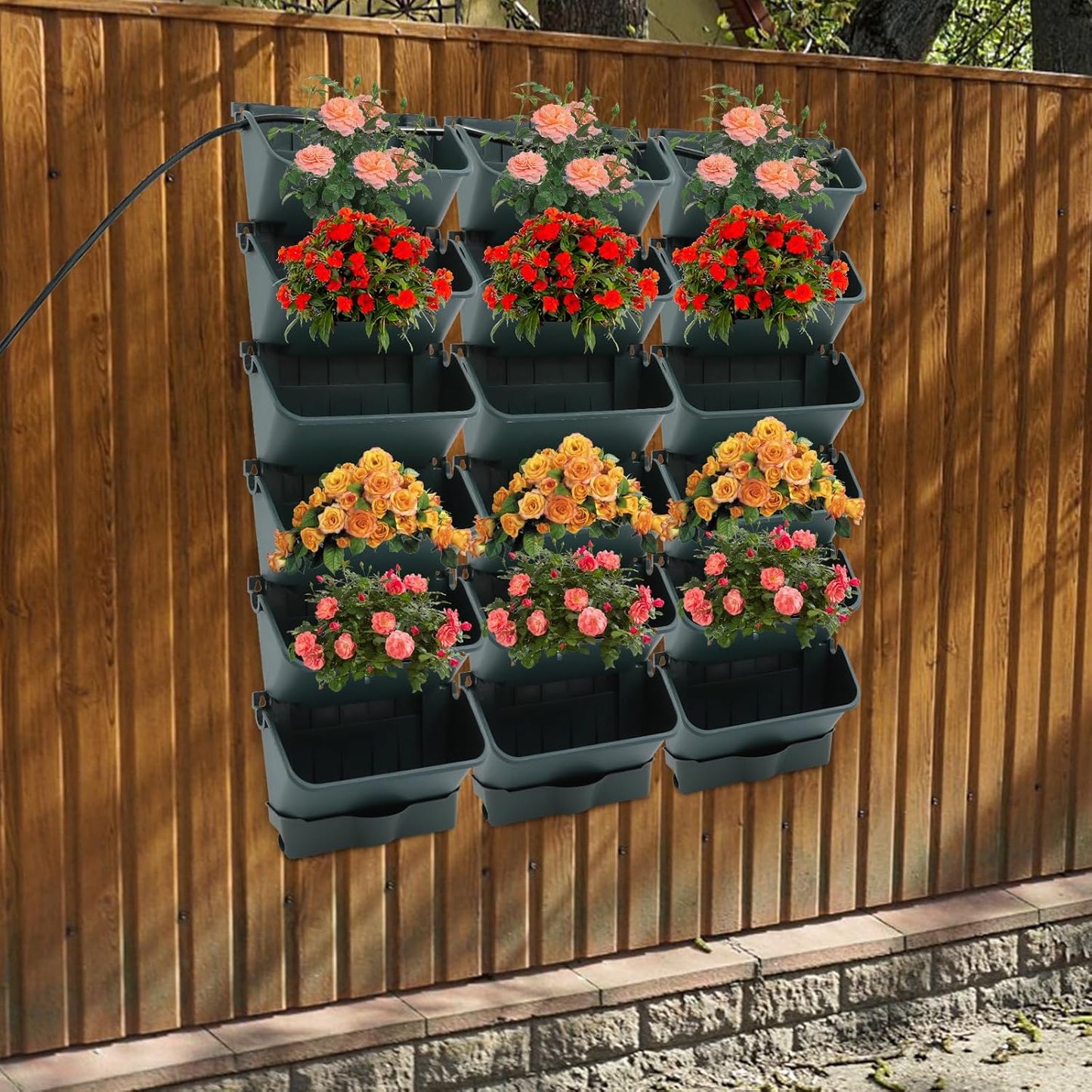 Self-Watering Wall-Mounted Planter, Vertical Garden Planter Set with 18 Pots, Stackable Plant Grow Pots with Electronic Timer for Growing Veggies, Fruits, Herbs, Flowers.