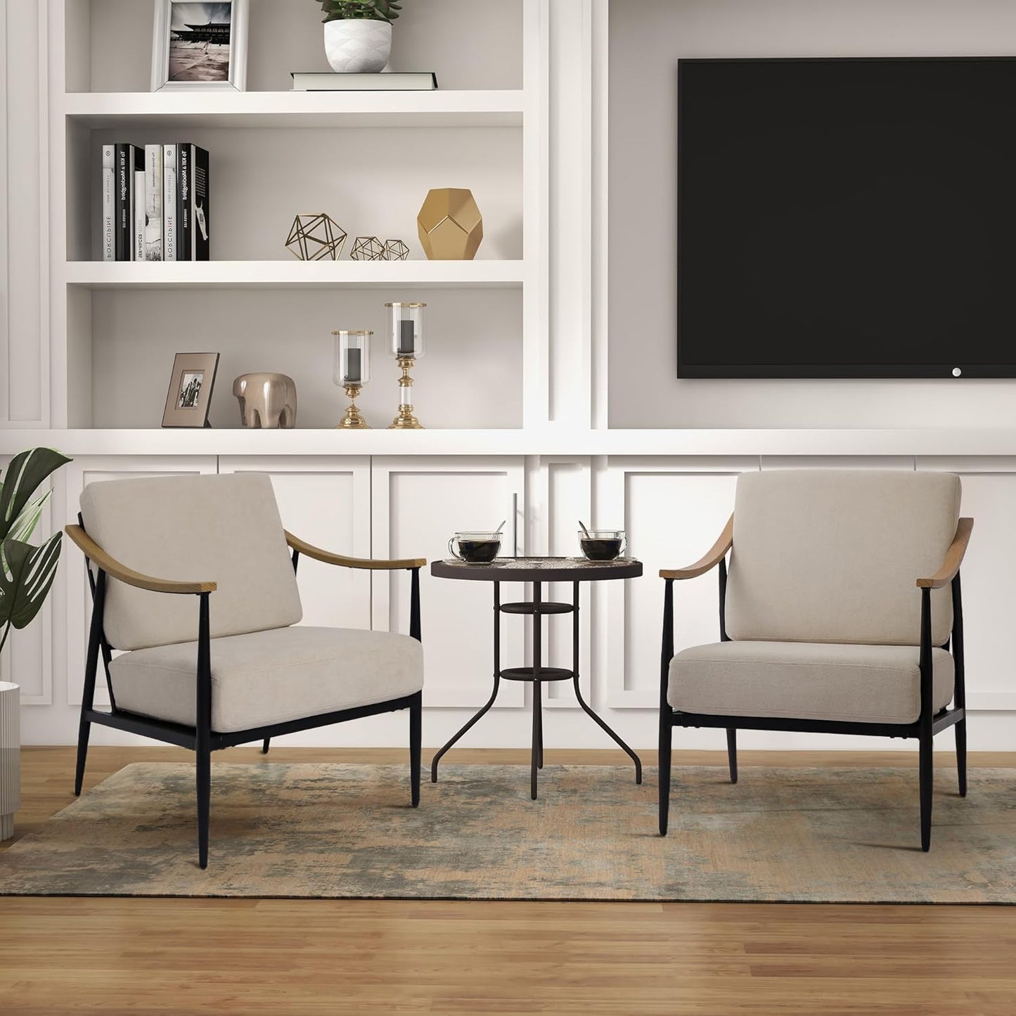 Modern Accent Chairs Set of 2 for Living Room Bedroom Mid Century Arm Chairs Upholstered Office Accent Chairs Comfy Waiting Room Chairs with Metal Frame, Beige