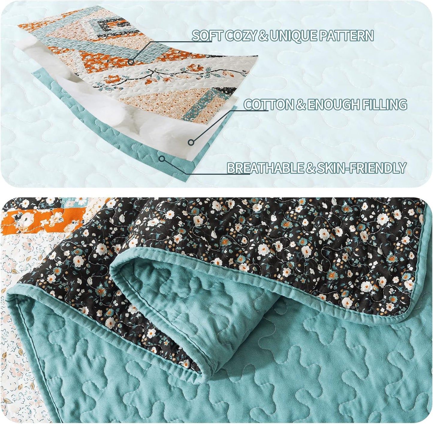 VAPUTAR Queen Size Bedding Set - 3 Pieces, Boho Quilt, Lightweight Reversible Coverlet Bedspread for Farmhouse Bedroom (Floral)