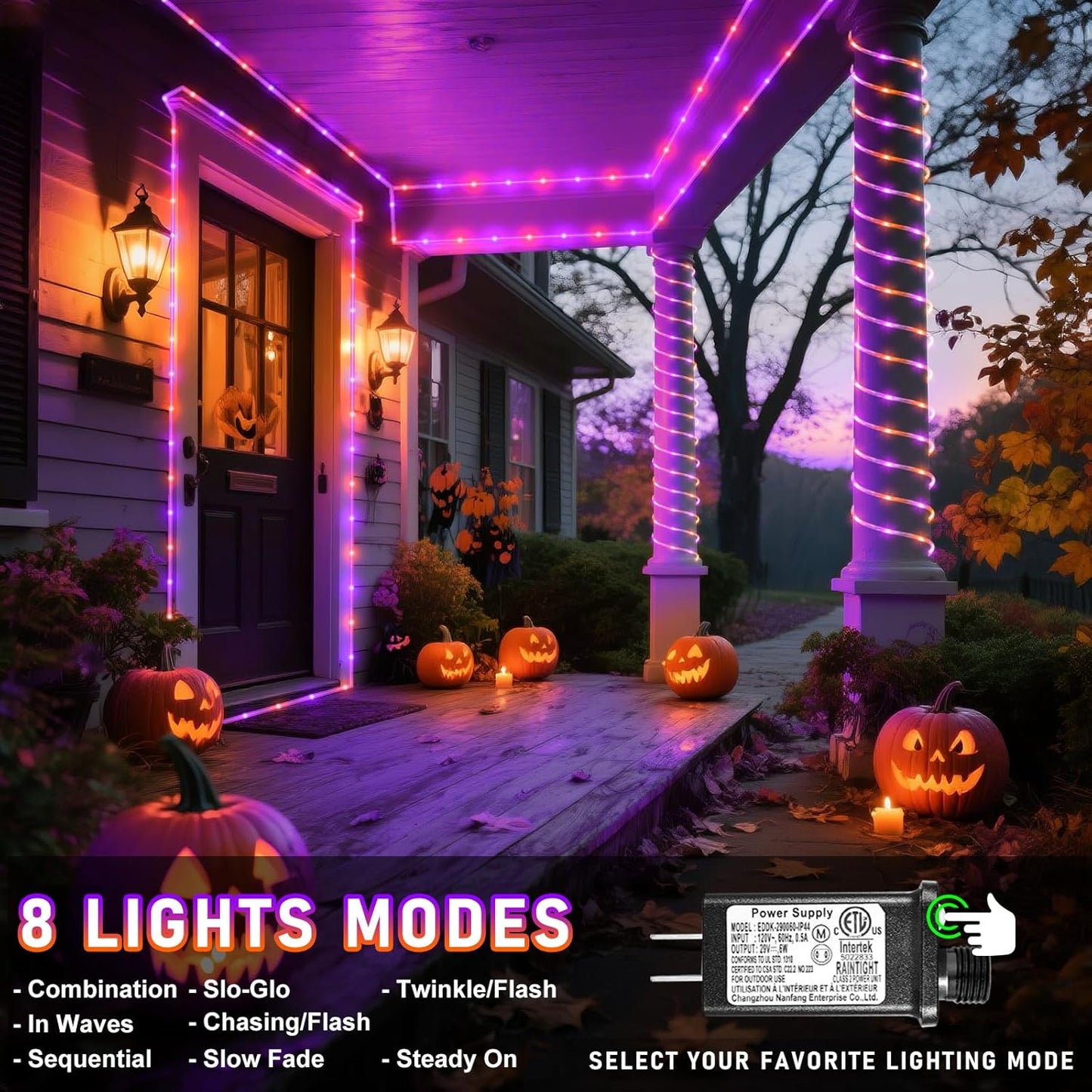 Purple Orange Halloween Lights, 100FT 300 LED Rope Lights for Outside Waterproof with 8 Modes, Connectable String Lights for Indoor Patio, Trampoline, Garden, Pool, Tree, Holiday Decorations