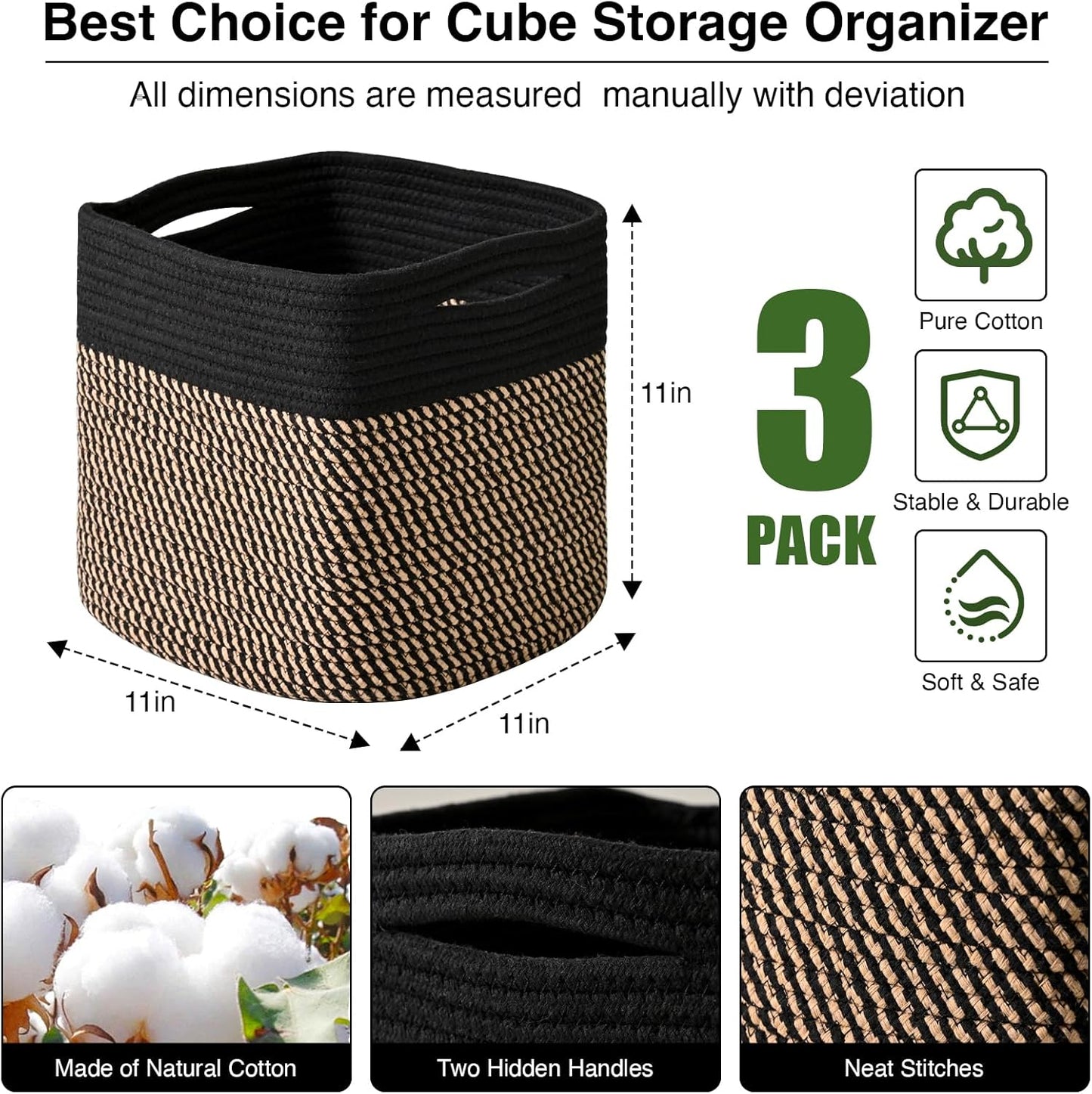 11 Inch Cube Storage Bins, Storage Cube Organizer Bins, Woven Cotton Rope Baskets for Storage, Storage Basket for Organizing Shelves, Square Baskets for Toys Nursery, Black & Jute (Pack of 3)