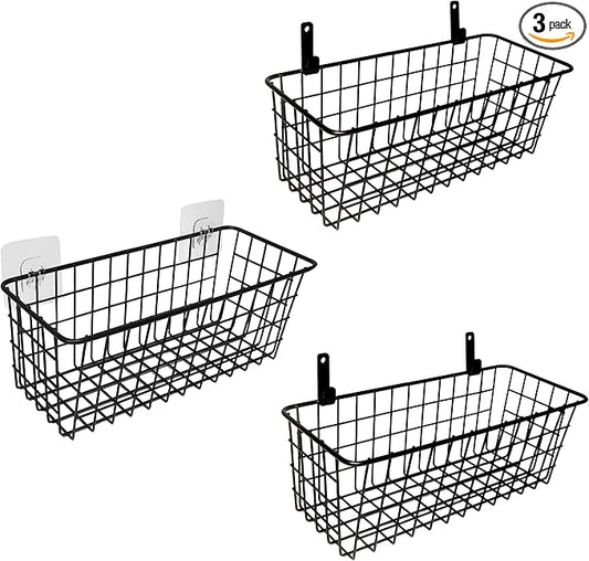 Joben Oligey 3 Set Hanging Wire Baskets ,Wall Mount Fruit Basket,No Drilling,Adhesive Small Metal Basket,Farmhouse Food Storage Mesh Bin Kitchen Pantry Laundry Bathroom Closet Garage RV ,Black