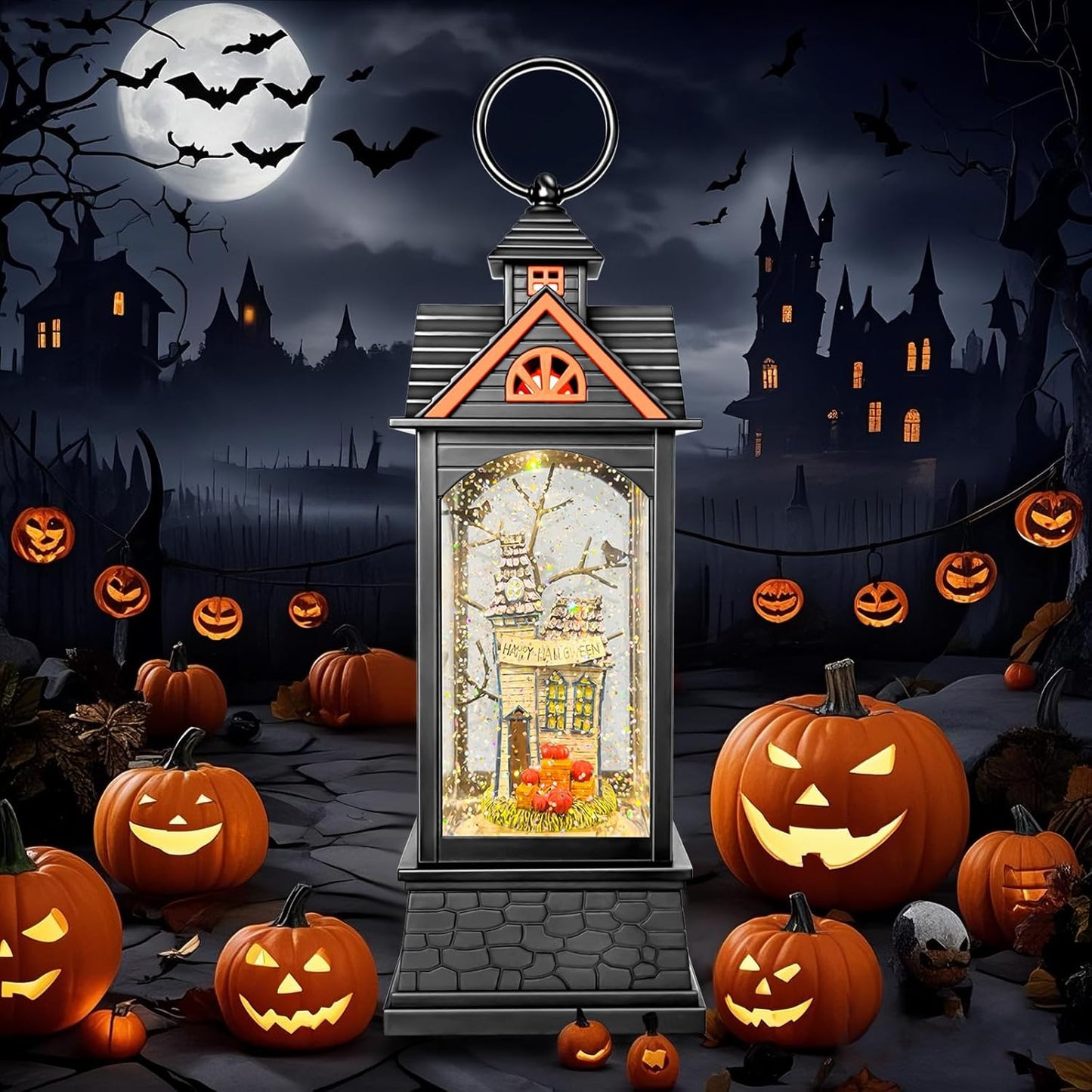 Halloween Snow Globe Lantern, Spooky Ghost Halloween Decor, Plug-in & Battery Operated Snow Globes for Halloween Decorations Indoor