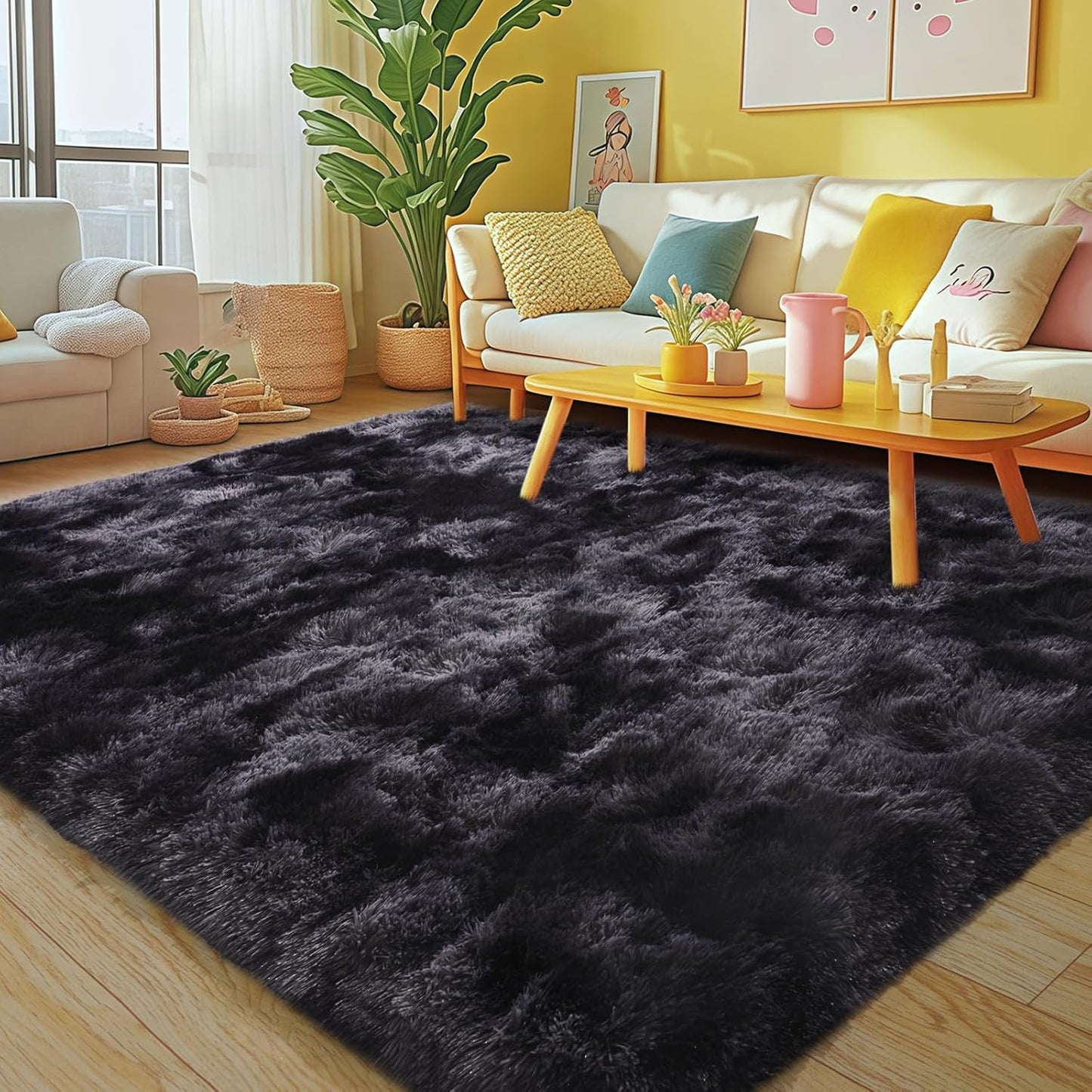 Rezutan Rugs for Living Room, Area Rug 4x6 Fluffy Rug Carpet, Soft Shaggy Modern Floor for Kids Boys Girls Bedroom, Plush Fuzzy Dorm,(Black Grey Tie-Dyed,4ft x 6ft)