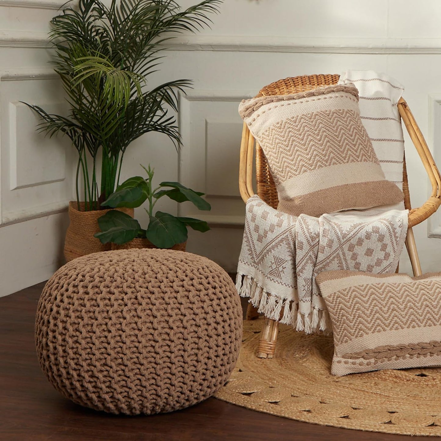 REDEARTH Round Pouf Ottoman - Hand Knitted Cable Boho Poof Home Décor Pouffe Circular Footrest for Living Room - Bedroom - Lounge - 100% Cotton (19.5"x19.5"x14") - Beige