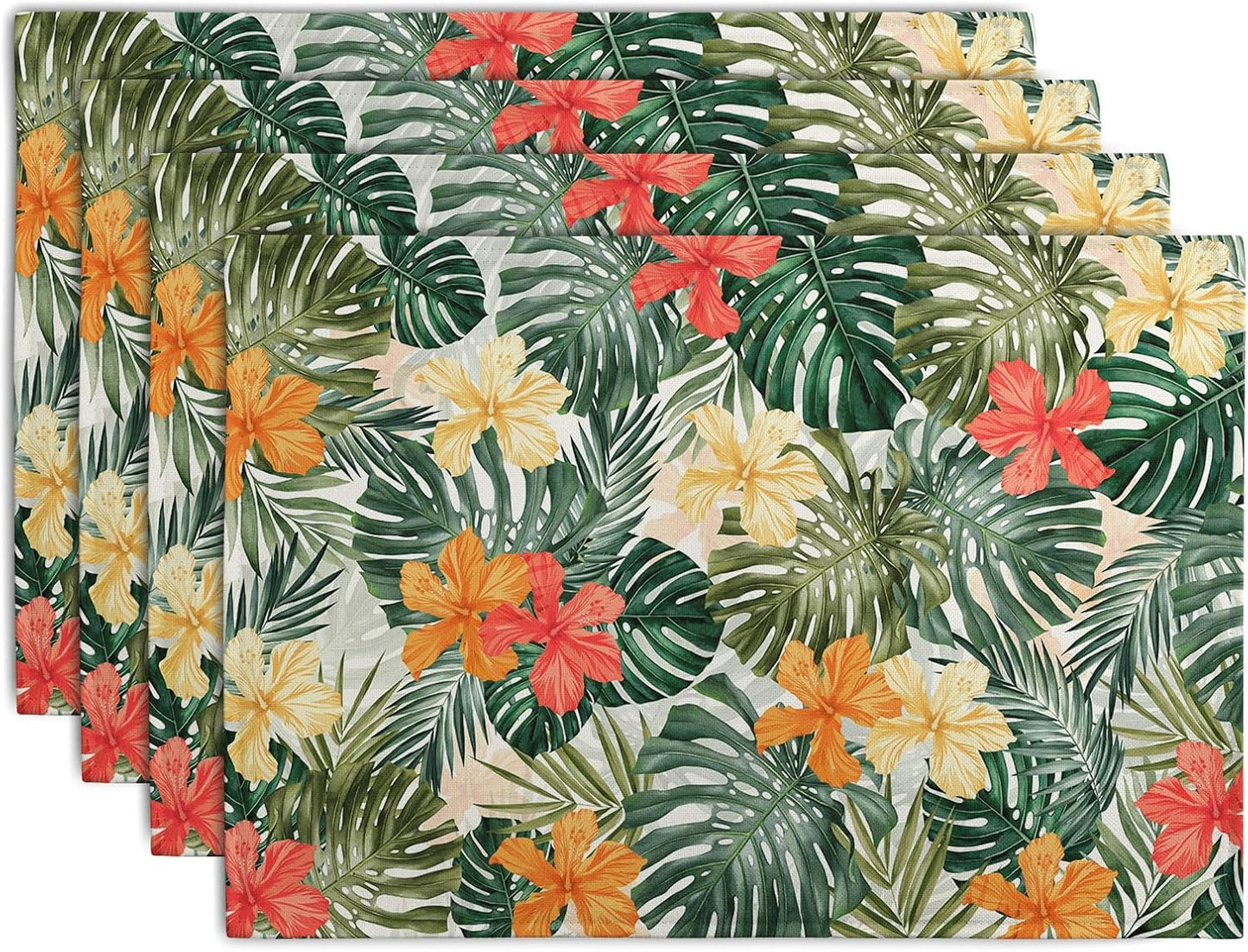 Tropical Palm Leaves Table Mats Set of 4 Summer Watercolor Hibiscus Flower Leaf Placement Mats for Dining Table Washable Non-Slip Heat Resistant Linen Place Mat 12×18 Inch