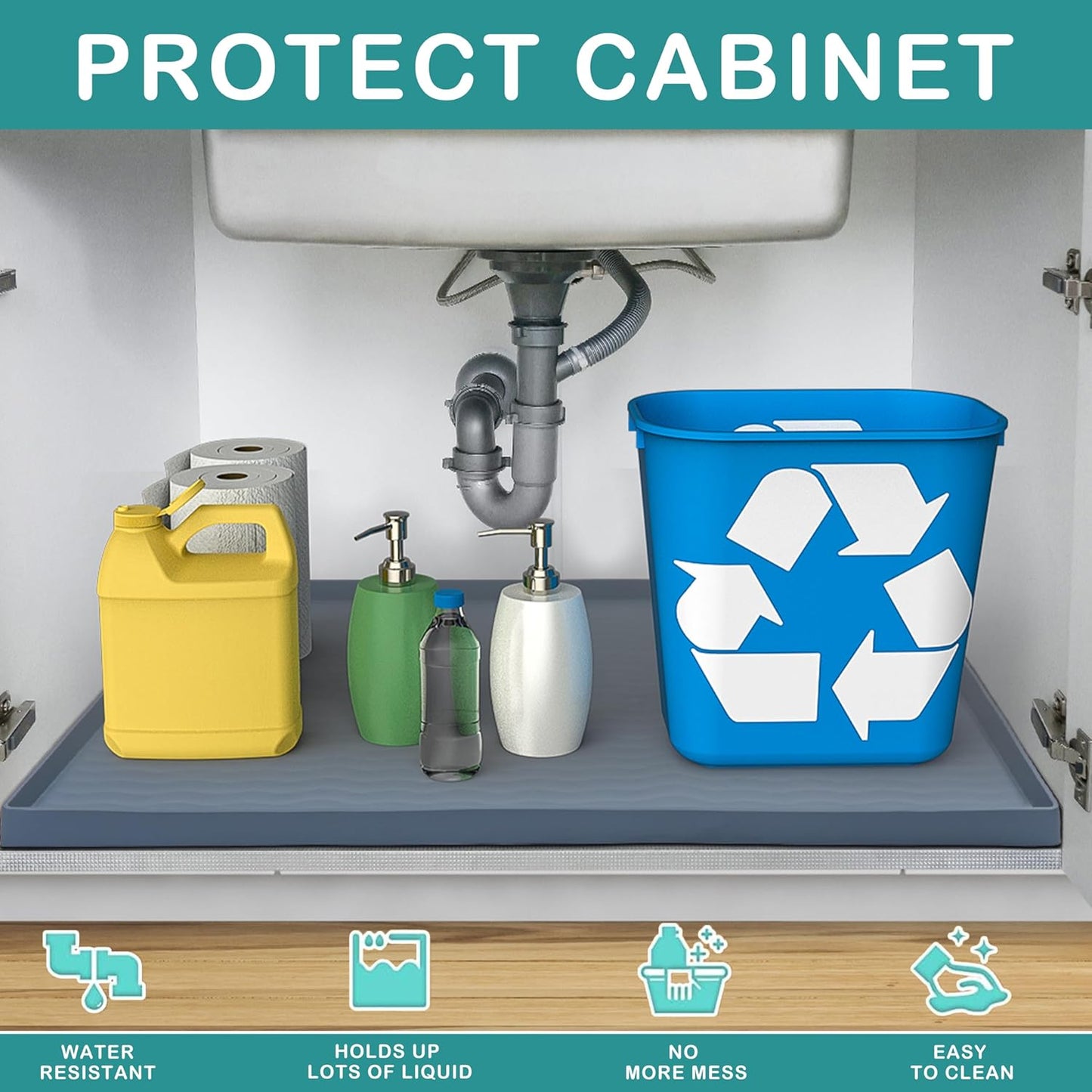 URMONA Waterproof Silicone Under Sink Mat 22'' x 19'' Shelf Liner for Kitchen and Bathroom, Cabinet and Counter Protector, Storage and Organizers, Litter Mat, Pet Cat Puppy Essentials(Cream)