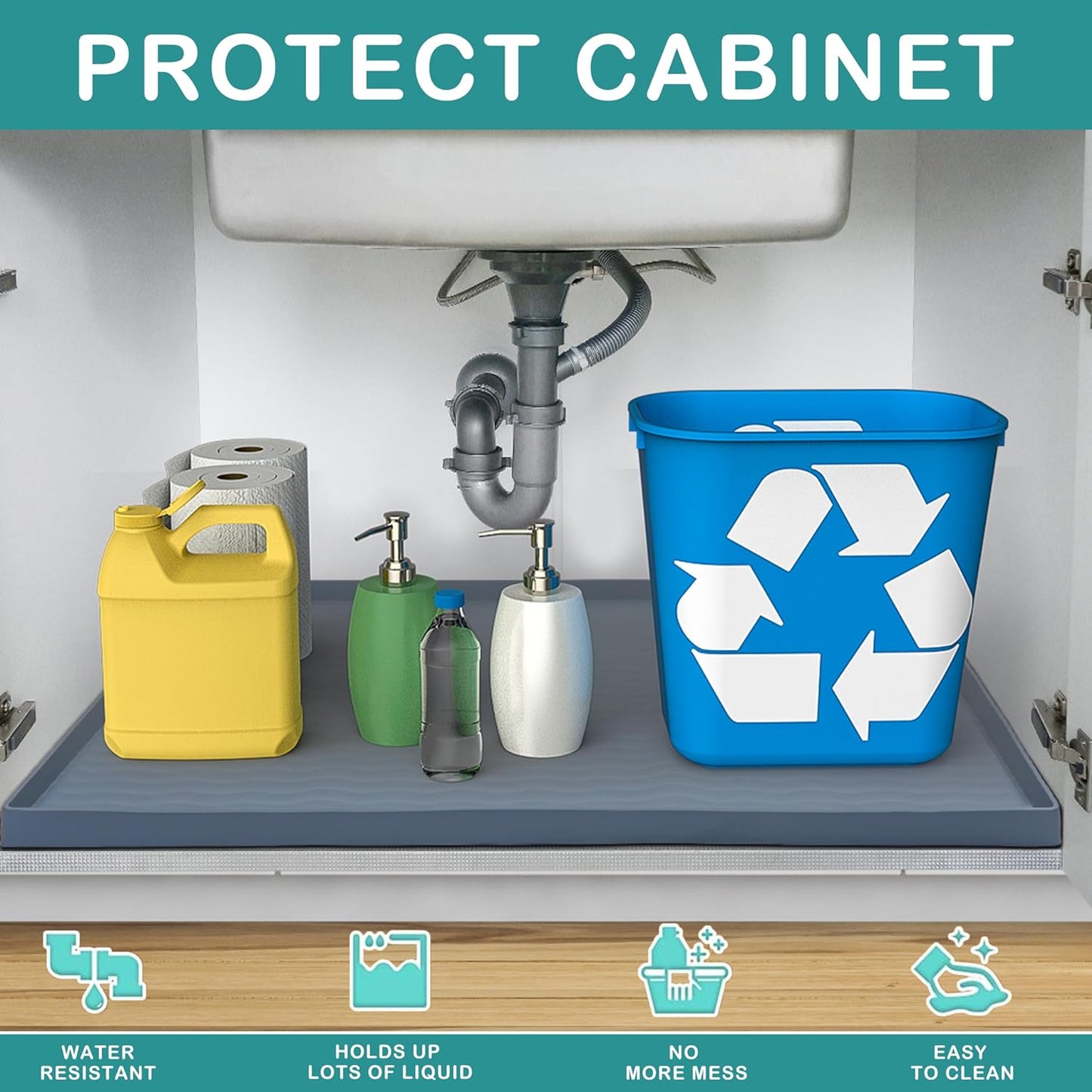 URMONA Waterproof Silicone Under Sink Mat 28'' x 22'' Shelf Liner for Kitchen and Bathroom, Cabinet and Counter Protector, Storage and Organizers, Litter Mat, Pet Cat Puppy Essentials(Black)