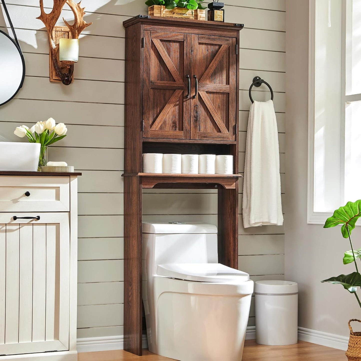 Over The Toilet Storage Cabinet, Farmhouse Bathroom Cabinet with Adjustable Shelf & Barn Door, 67" Tall Over The Toilet Shelf, Brown